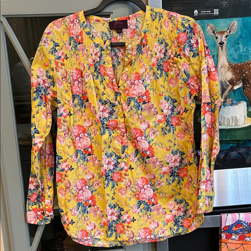 J. Crew Vintage Liberty Yellow Cotton Floral Pintuck Peasant Blouse 0